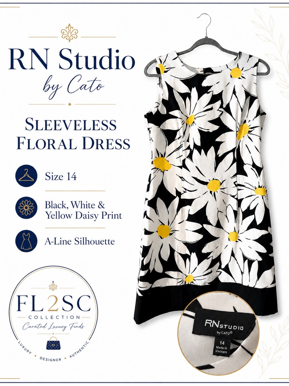 Ronni Nicole Black, White & Yellow Daisy Print Sleeveless Dress